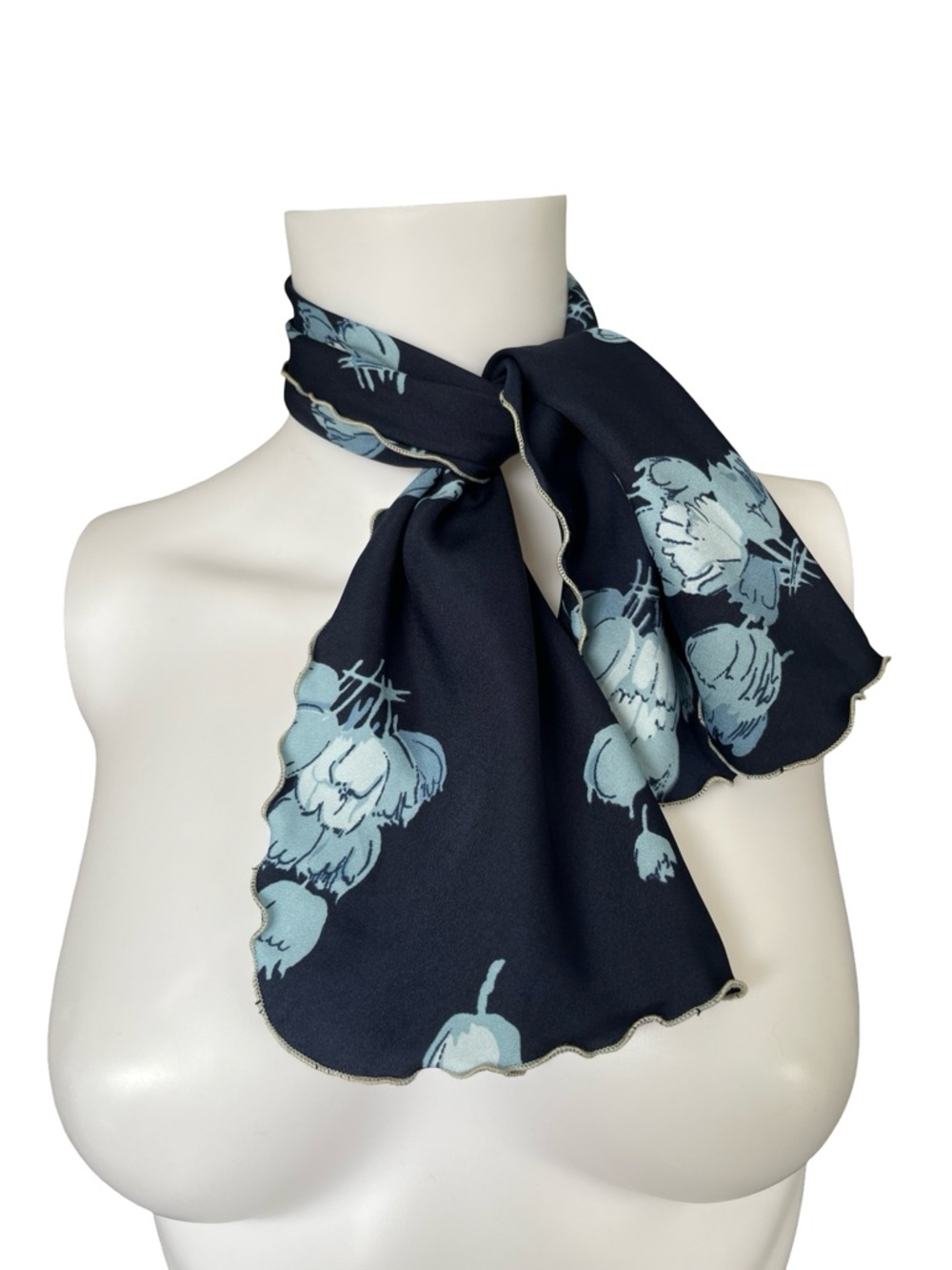Vintage Blue Floral Scarf Scalloped Hem Lightweight